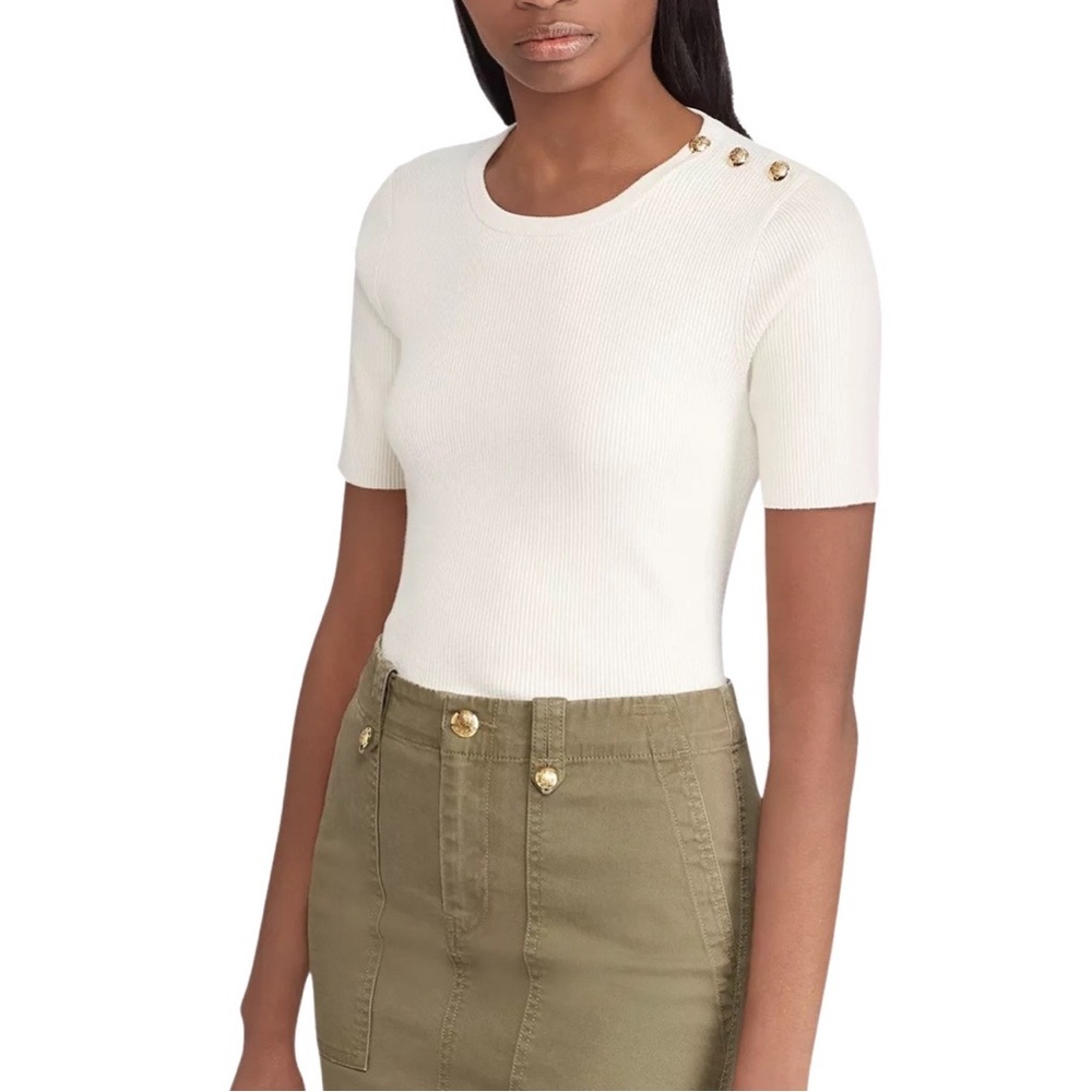 RALPH LAUREN Ivory Button-Trim Crew Neck Sweater Sz Medium - Preloved